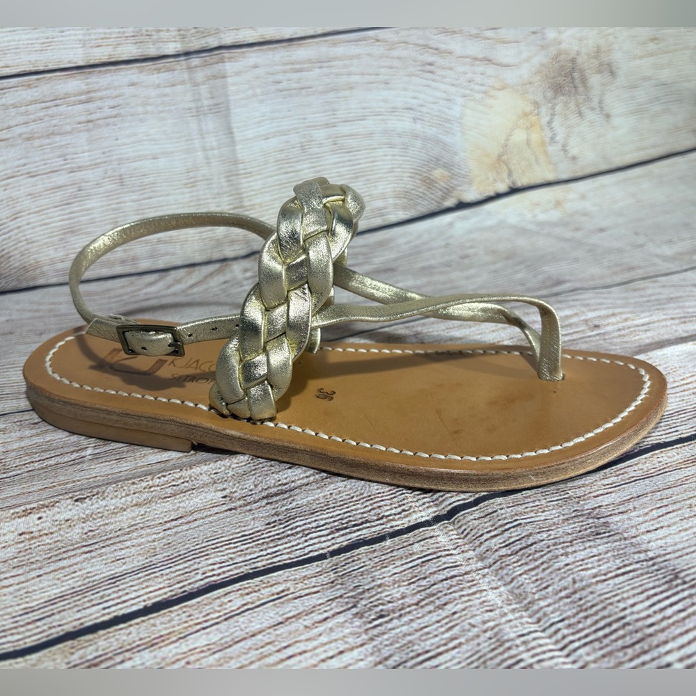 K. Jacques Saint-Tropez Size 36 Gold Thong Woven Strap Flat Sandal